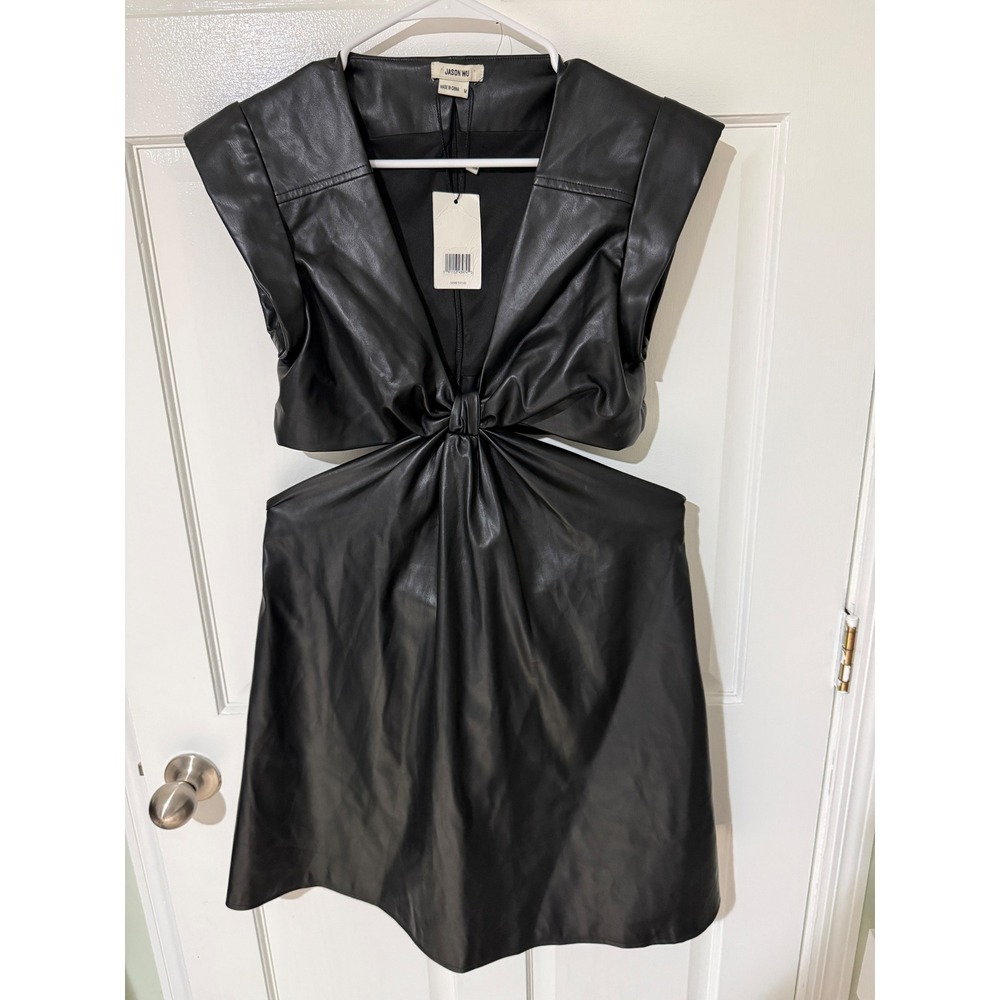 JASON WU Black Faux Leather Cutout Knot Front Sleeveless Mini Dress Size M